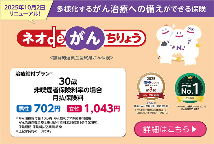 2025年10月2日リニューアル! 多様化するがん治療への備えができる保険 ネオdeがんちりょう <無解約返戻金型終身がん保険> 治療給付プラン※ 30歳非喫煙者保険料率の場合月払保険料 男性702円 女性1,043円 ※がん治療給付金:10万円、がん緩和ケア保障特則適用、がん治療自費診療上乗せ給付特則:給付倍率1倍(10万円)、保険期間・保険料払込期間:終身 ※上記は契約の一例です。 詳細はこちら