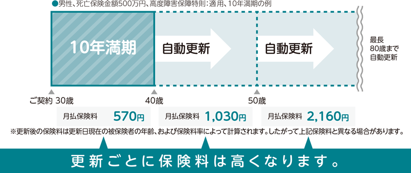 男性、死亡保険金額500万円、高度障害保障特則:適用、10年満期の例